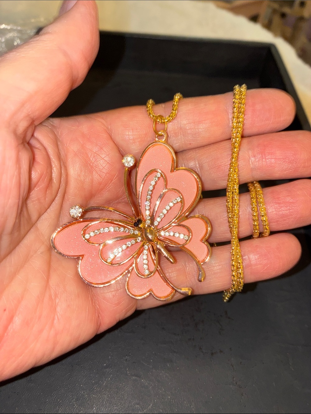 Gold-Tone Butterfly Pendant Necklace with Pink Enamel and Crystal Detailing